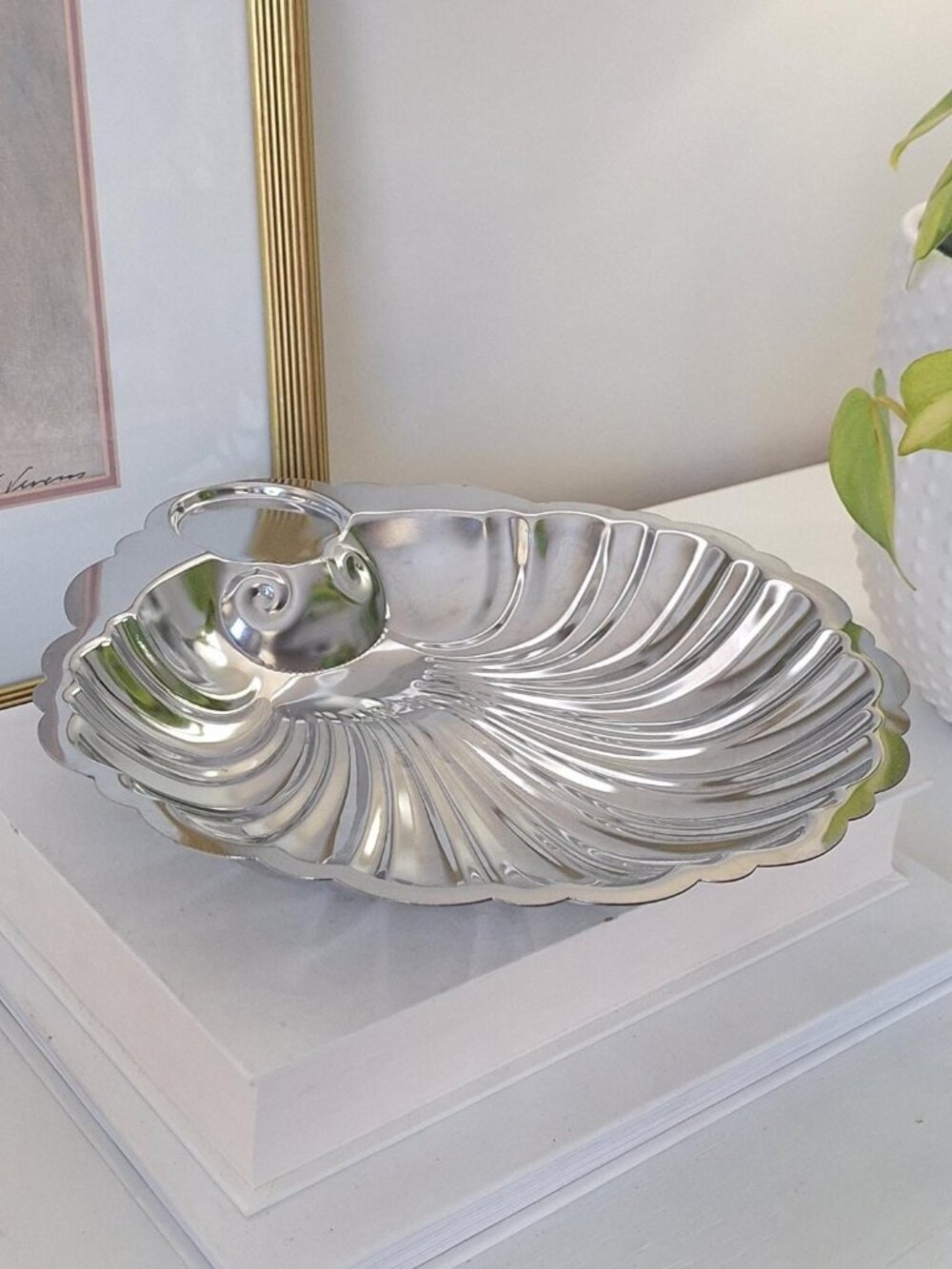 Vintage Silver Color Clam Seashell Serving Tray Bowl scallop Dish Oyster Shell